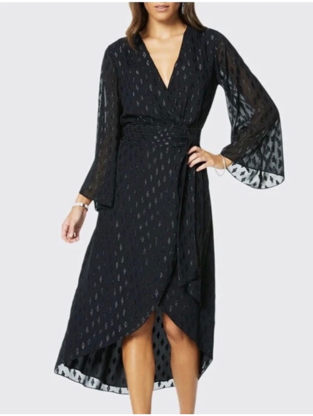 Ramy Brook Julie Metallic Fil Coupé Wrap High-Low Midi Dress - Black - Size 4